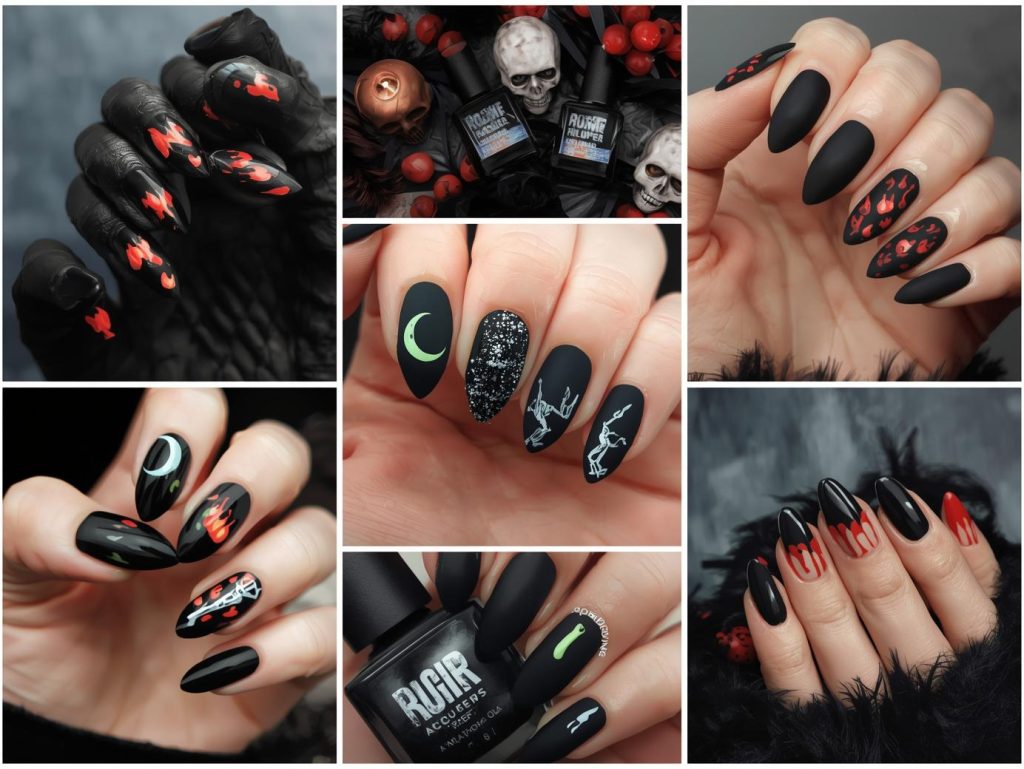 Top black Halloween nail designs featuring flame decals, crescent moon stickers, skeleton accents, and blood drip patterns for Pinterest inspiration.
