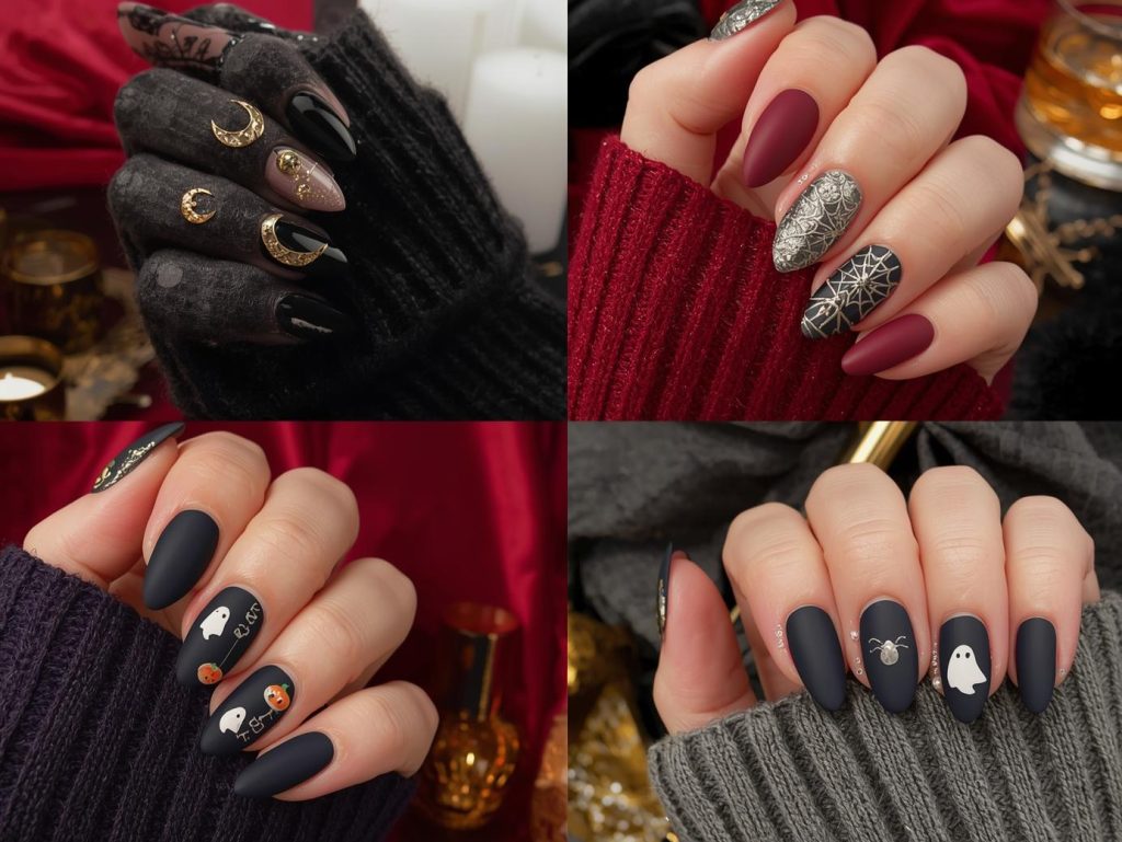 Top classy Halloween nail designs featuring gold crescent moons, silver spider webs, pearl ghost silhouettes, and pumpkin studs for Pinterest inspiration.