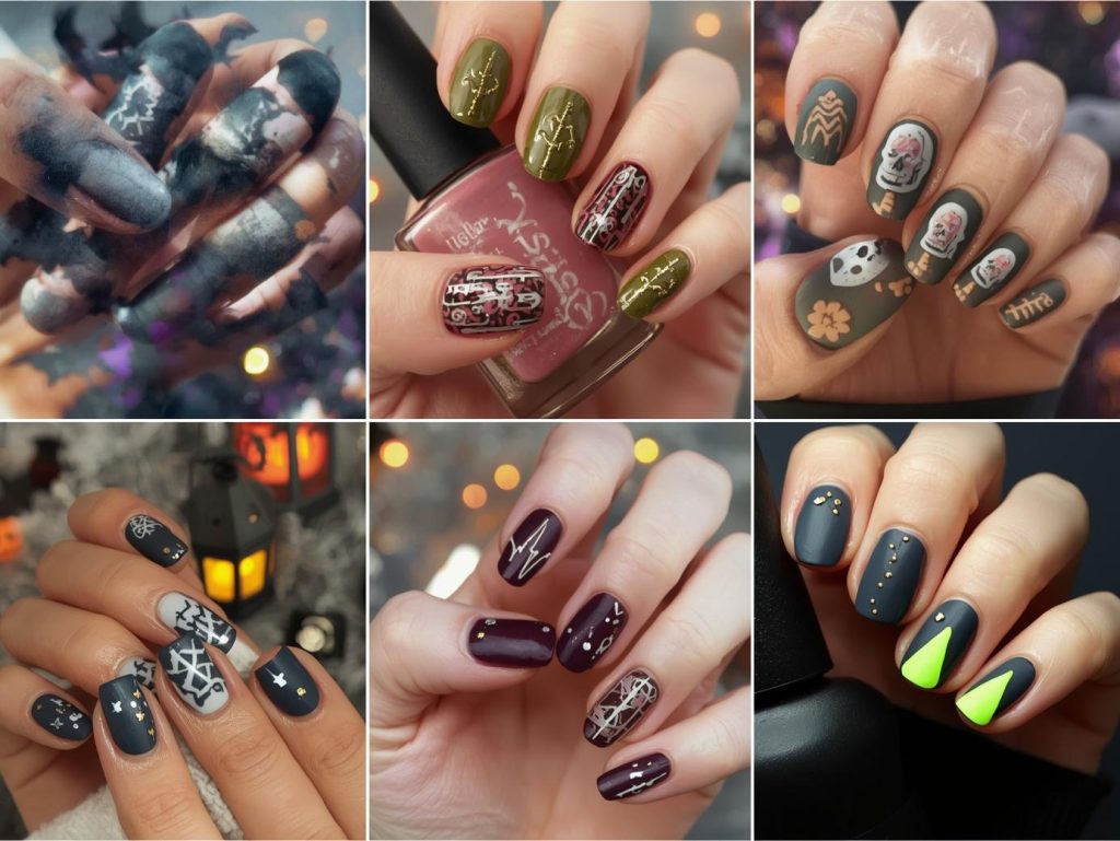  Top short Halloween nail designs with skull stickers, candy corn decals, cobweb lines, and witch hat accents for Pinterest inspiration.