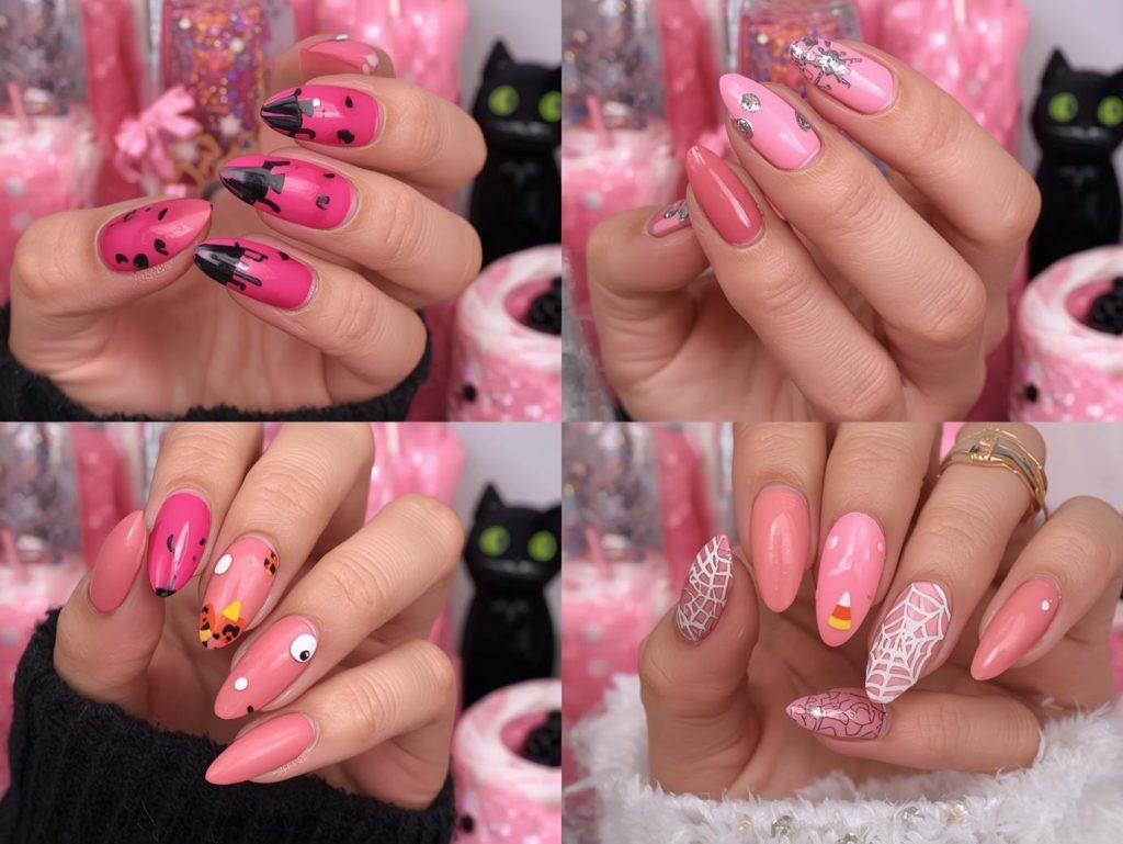  Top pink Halloween nail designs with black cat stickers, silver pumpkin decals, candy corn dots, and spider web accents for Pinterest inspiration.