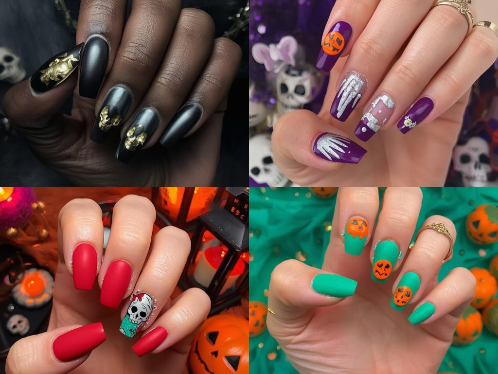 Halloween Acrylic Nails: Bold, Spooky, and Pinterest-Worthy Designs to Adore 4 Top Halloween acrylic nail designs with gold skull embellishments, silver bat wing decals, zombie hand accents, and jack-o’-lantern studs for Pinterest inspiration.