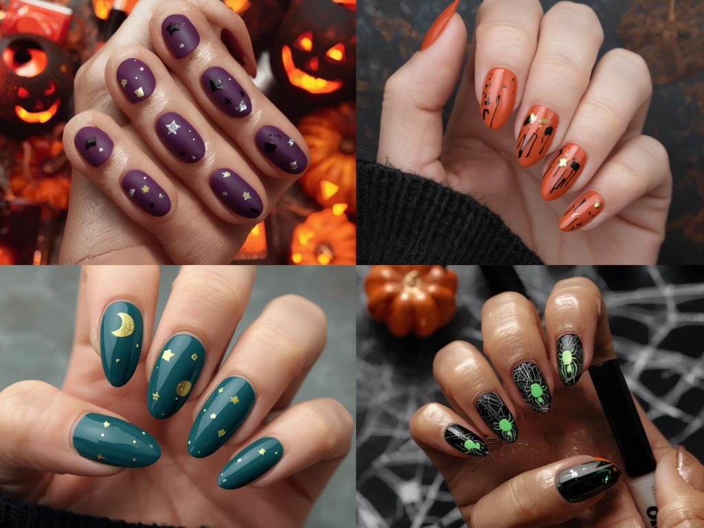 Top Halloween nail colors in midnight purple, blood orange, deep teal, and shimmering charcoal with spooky decals for Pinterest inspiration.