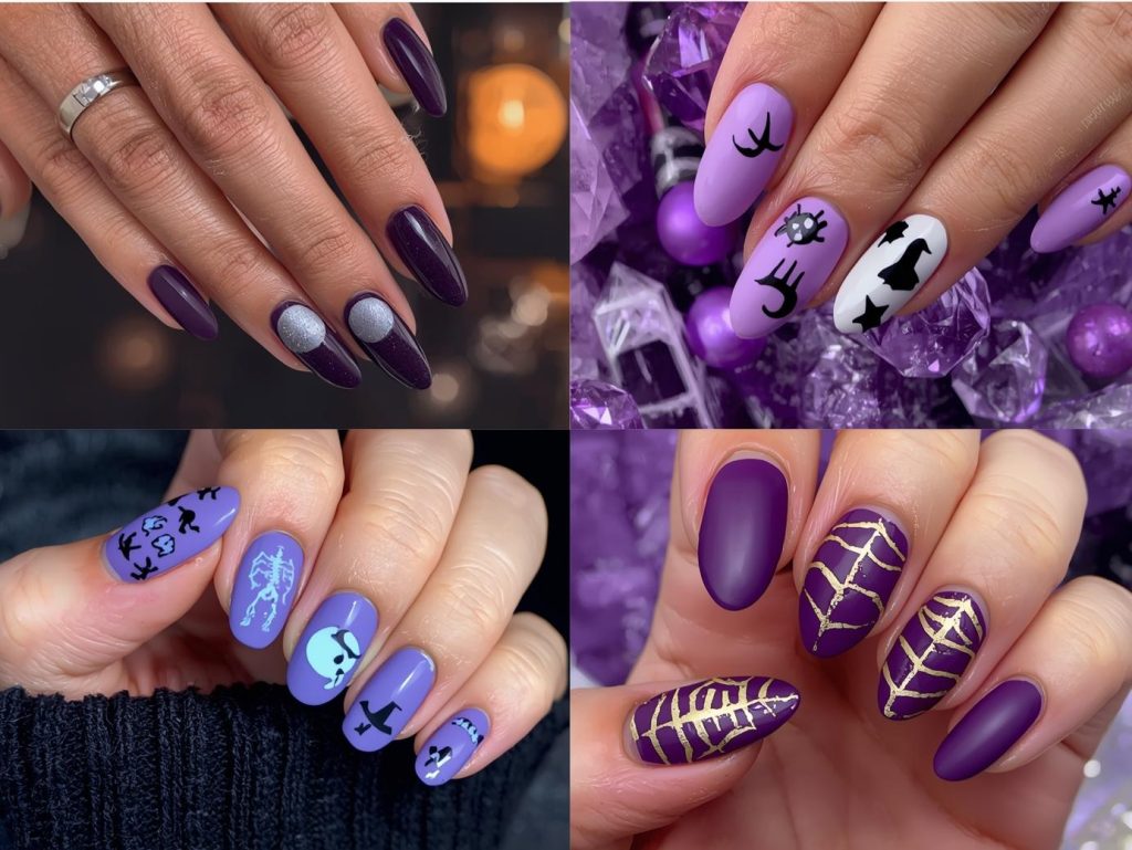 Purple Halloween Nails: Mystical, Spooky, and Pinterest-Worthy Designs to Adore 4 Top purple Halloween nail designs with moon phase decals, witch hat stickers, skeleton accents, and cobweb lines for Pinterest inspiration.