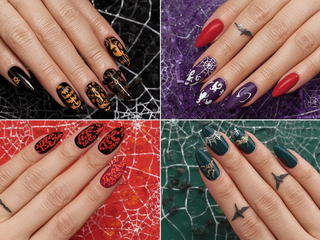 Top Kiss Halloween nail designs featuring jack-o’-lantern patterns, spider web decals, glow-in-the-dark ghost stickers, and bat accents for Pinterest inspiration.