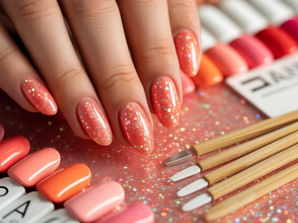 Eco-Friendly Nails: Sustainable and Pinterest-Worthy Manicures to Adore 5 Glossy coral biodegradable glitter eco-friendly nails with coral base.