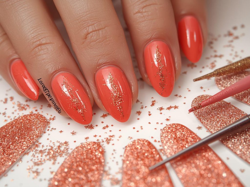 Matching Nails and Toes: Coordinated and Pinterest-Worthy Looks to Adore 5 Glossy coral gold glitter matching nails and toes with coral base.