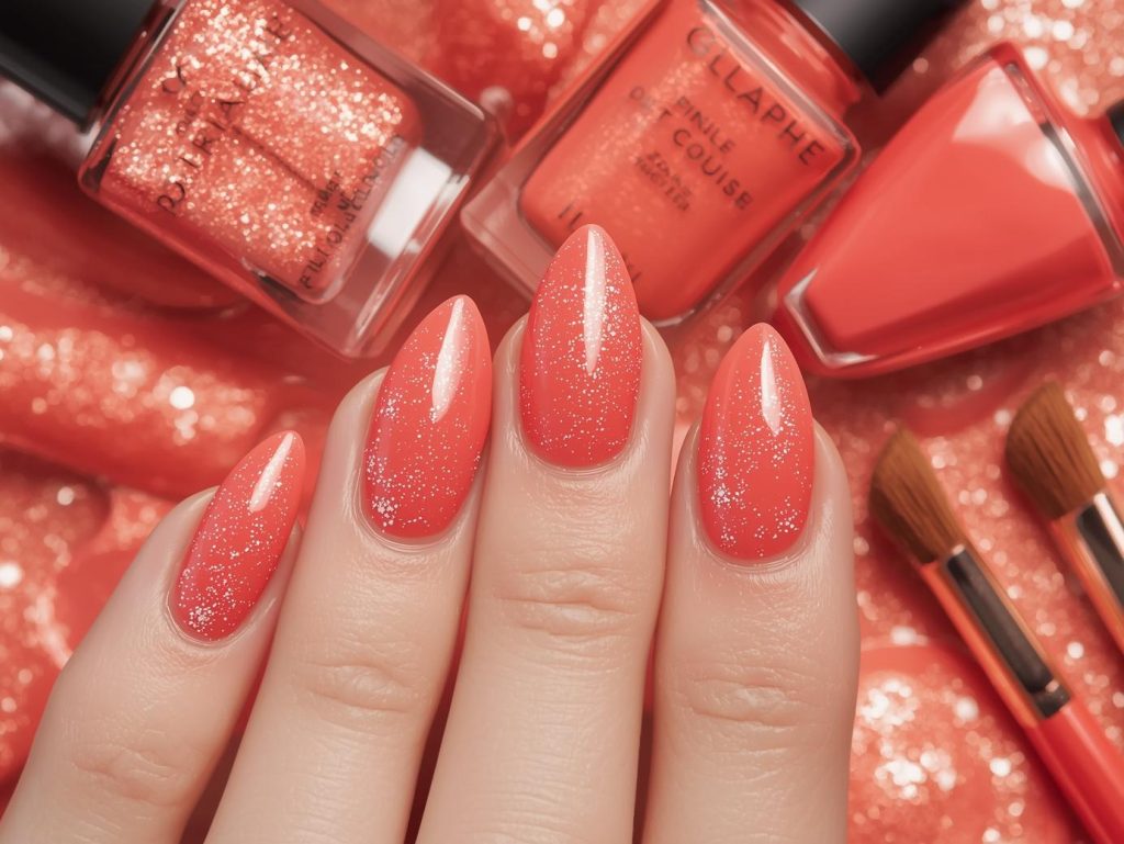 Glossy coral nail polish swatch with shimmering finish.