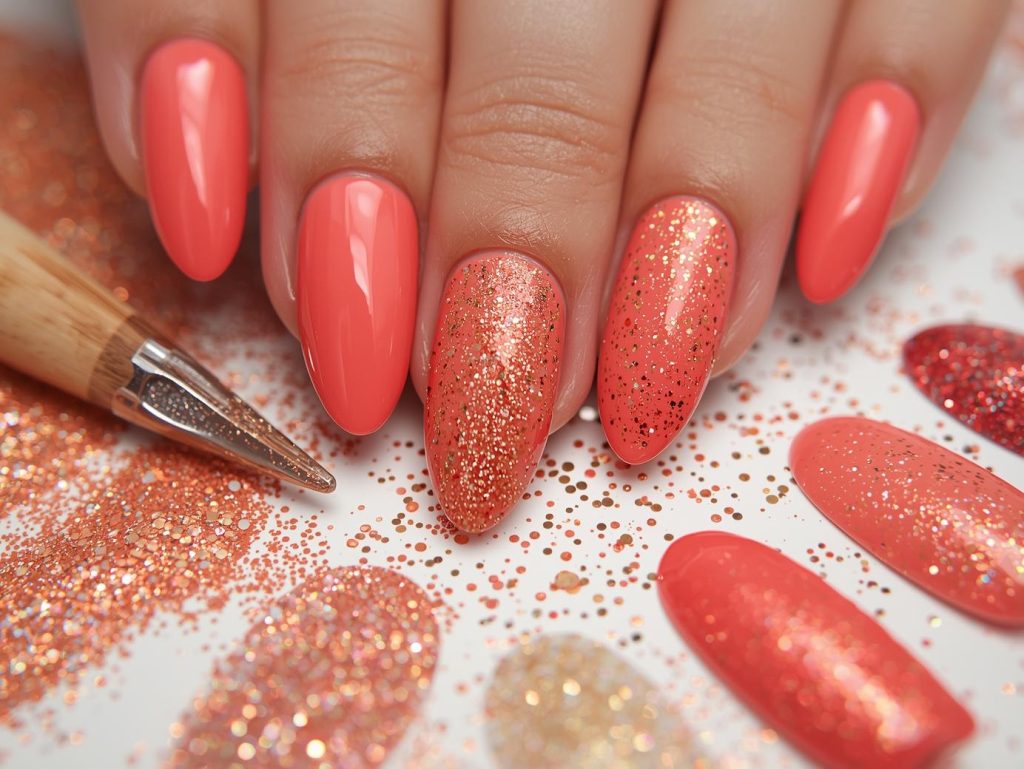 Glossy coral biodegradable glitter vegan nail polish design with coral base.