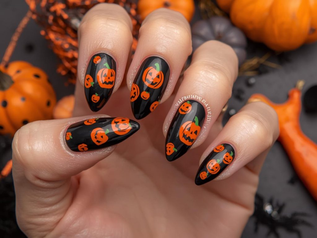Glossy black pumpkin decal Halloween nail design with orange pumpkins