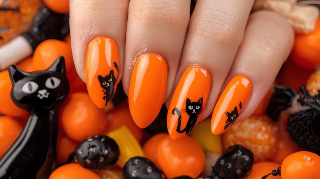 Cute Halloween Nails: Adorable and Pinterest-Worthy Manicures to Adore 5 Glossy orange black cat cute Halloween nail design with black cat decals.