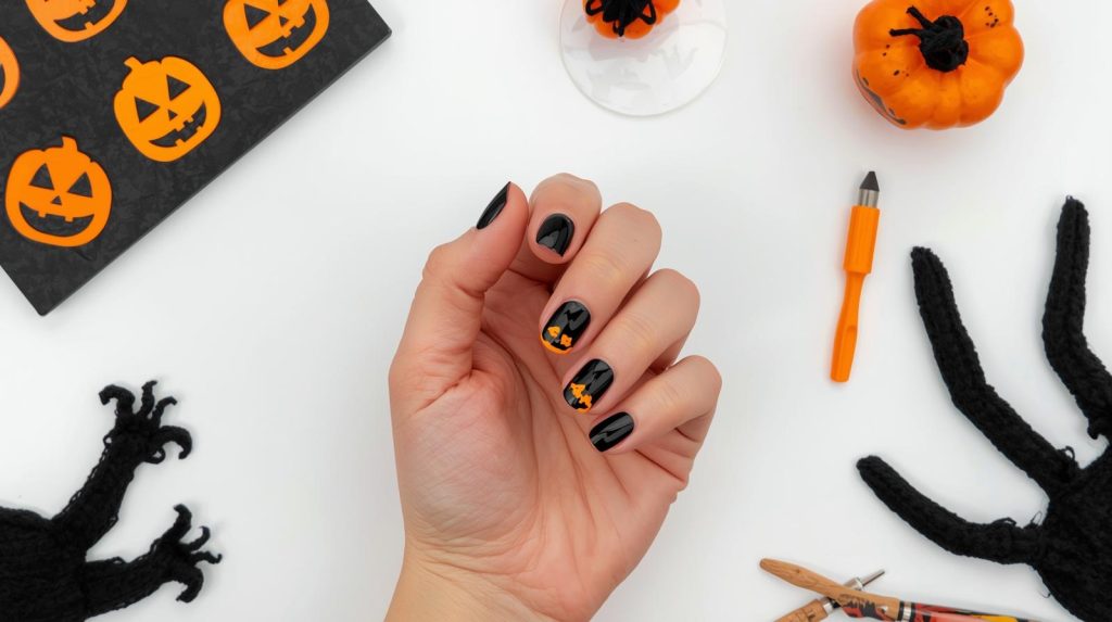 Glossy black jack-o’-lantern Halloween nail art with neon orange decals.