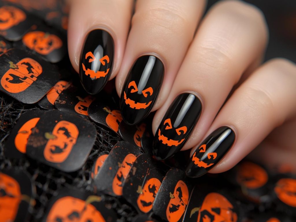 Glossy black jack-o’-lantern Halloween press-on nails with neon orange patterns.