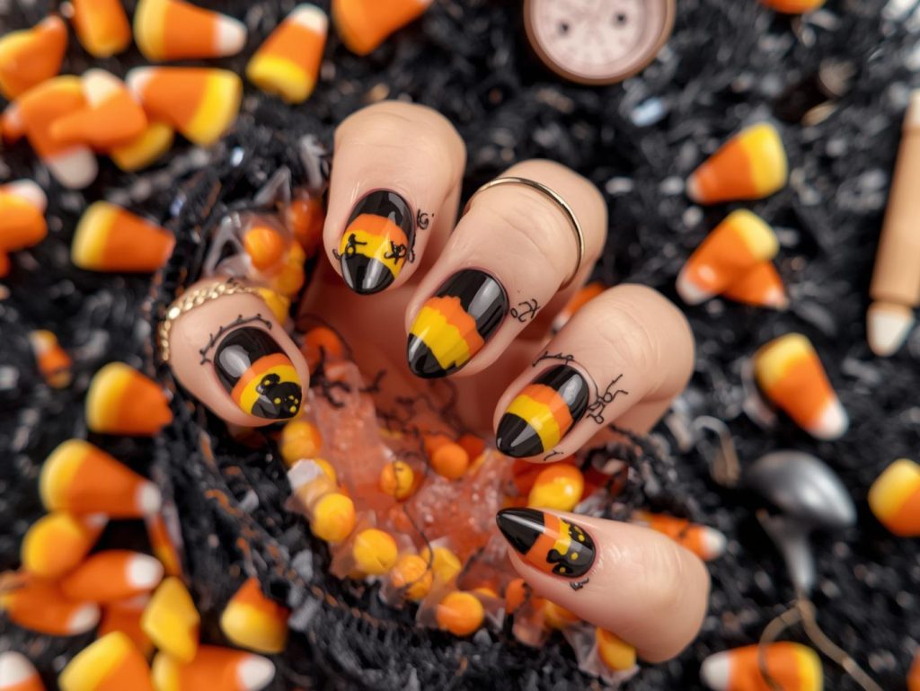 vGlossy black candy corn stripe easy Halloween nail design with orange and yellow stripes.