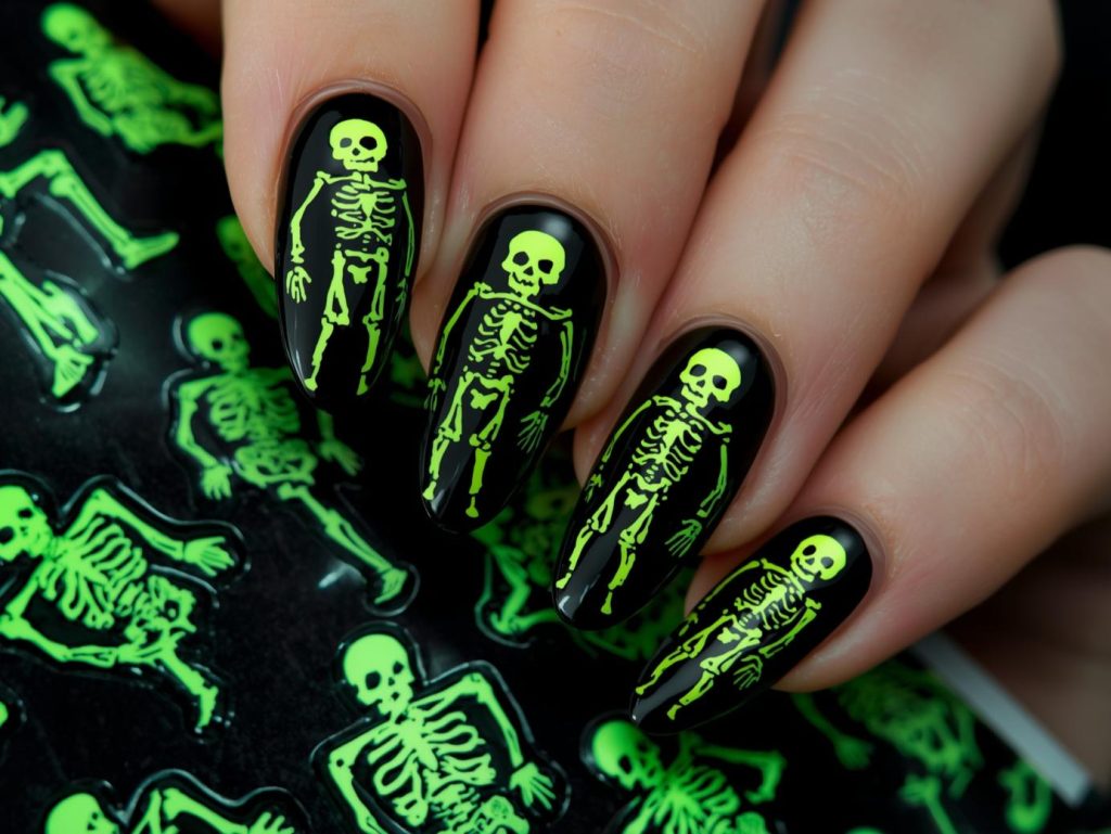 Glossy black skeleton Halloween nail stickers with neon green designs.