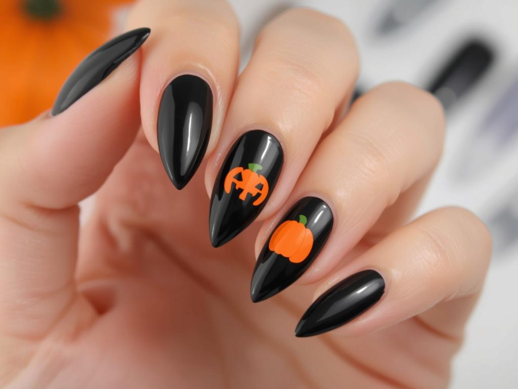  Glossy black pumpkin sticker simple Halloween nail design with orange sticker.