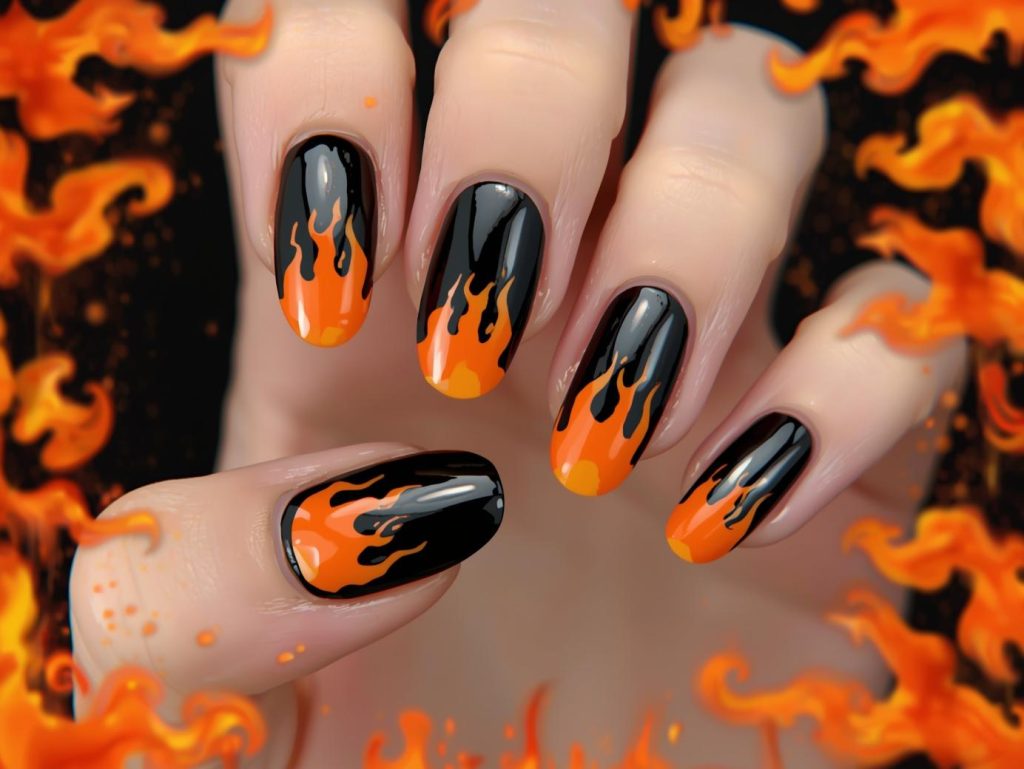 Glossy black flame decal black Halloween nail design with fiery orange decals.