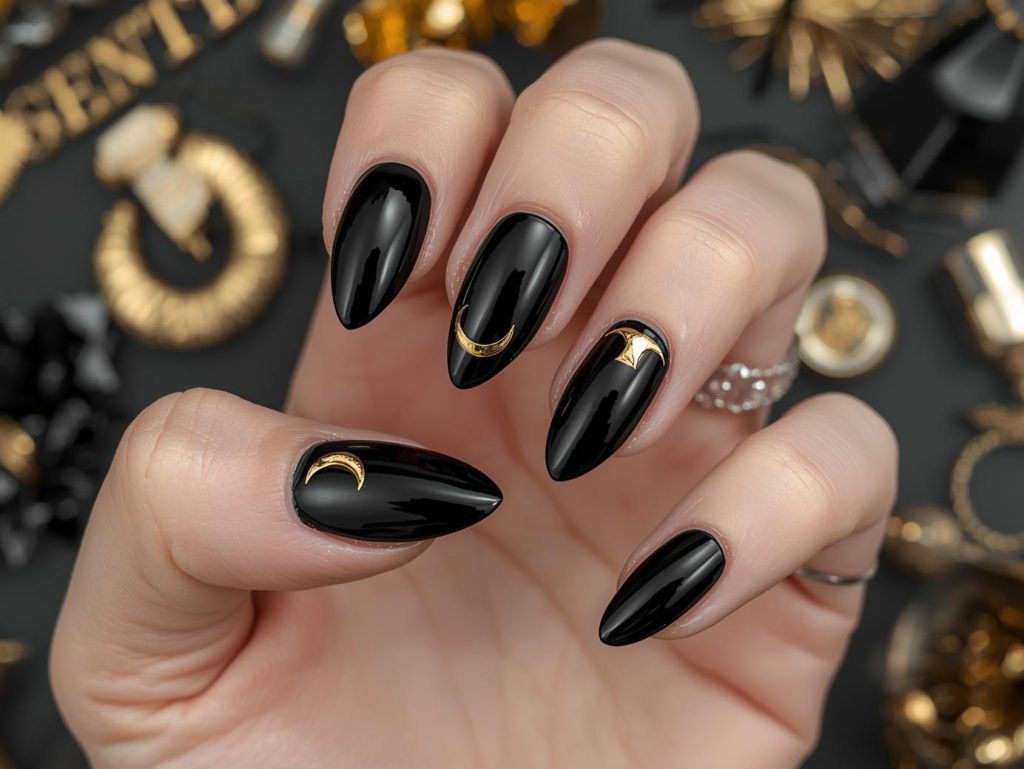 Glossy jet black crescent moon classy Halloween nail design with gold foil accents.