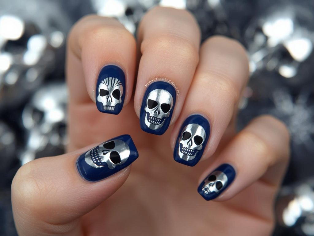 Glossy midnight blue skull sticker short Halloween nail design with silver stickers.