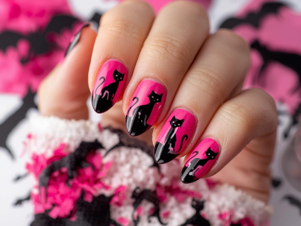 Glossy hot pink cat silhouette pink Halloween nail design with black stickers.