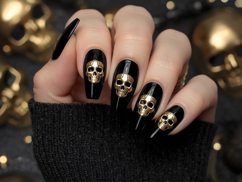 Halloween Acrylic Nails: Bold, Spooky, and Pinterest-Worthy Designs to Adore 5 Glossy obsidian black skull Halloween acrylic nail design with gold embellishments.