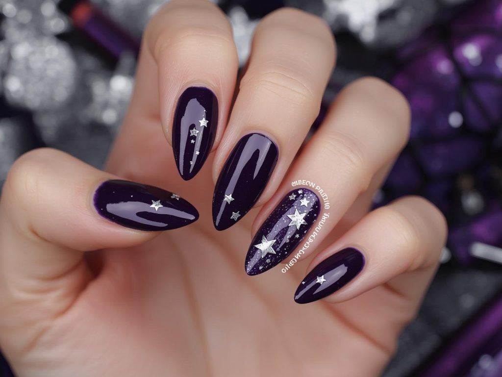 Glossy midnight purple Halloween nail color with silver star decals.