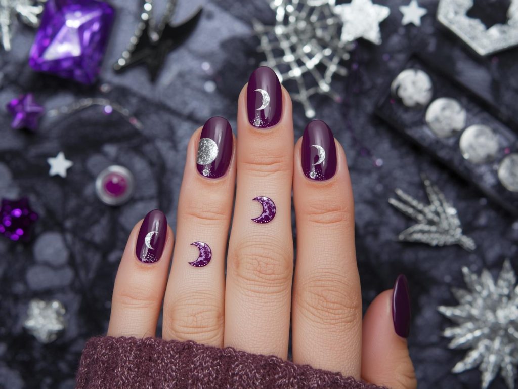 Purple Halloween Nails: Mystical, Spooky, and Pinterest-Worthy Designs to Adore 5 Glossy eggplant moon phase purple Halloween nail design with silver decals.