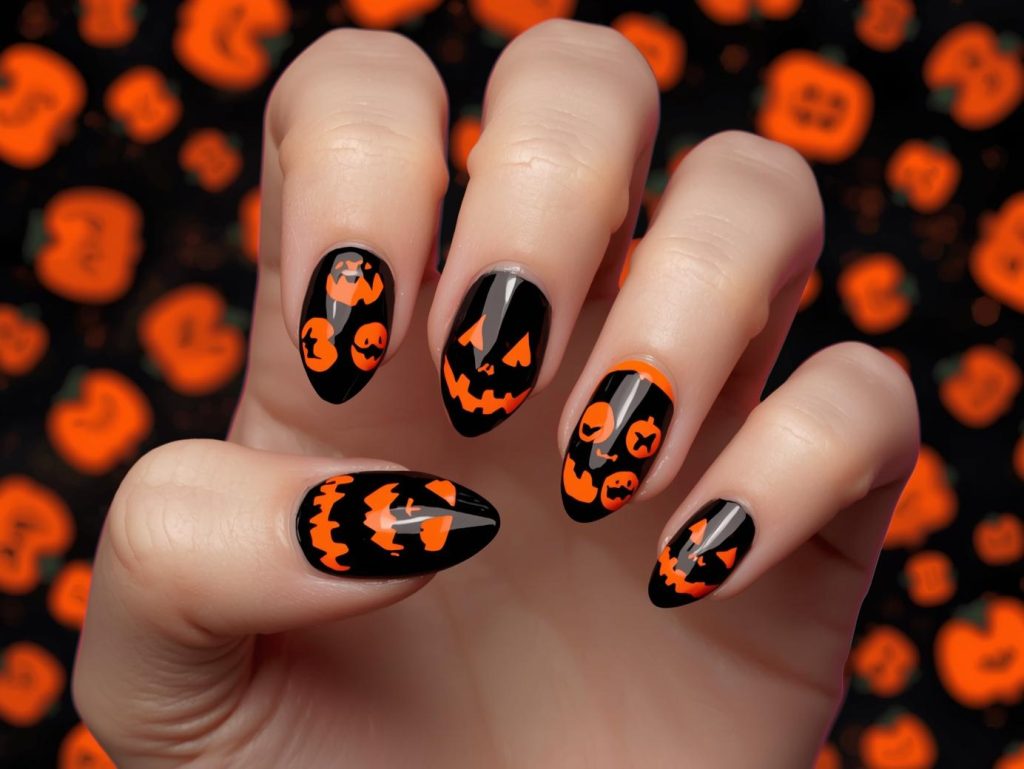 Glossy black jack-o’-lantern Kiss Halloween nail design with neon orange patterns.