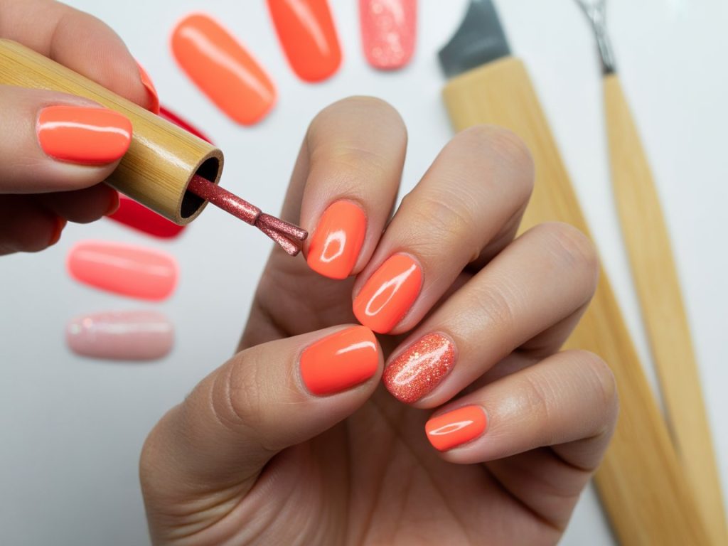 Eco-Friendly Nails: Sustainable and Pinterest-Worthy Manicures to Adore 6 Applying glossy coral biodegradable glitter eco-friendly nails with glitter accents.