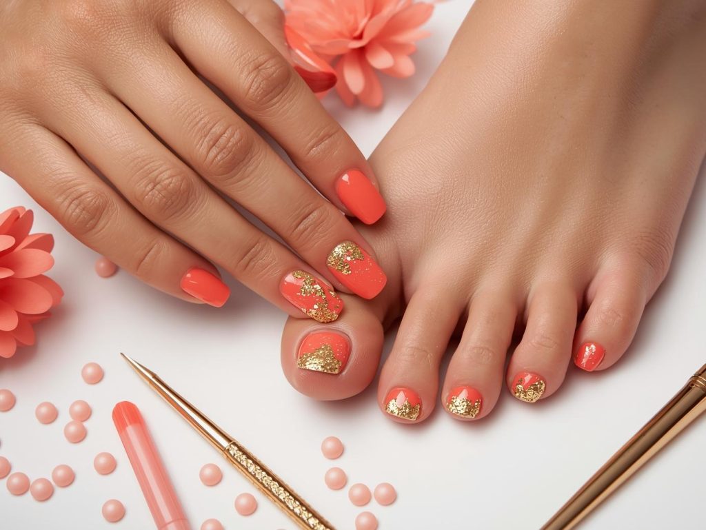 Matching Nails and Toes: Coordinated and Pinterest-Worthy Looks to Adore 6 Creating glossy coral gold glitter matching nails and toes with gold glitter accents.