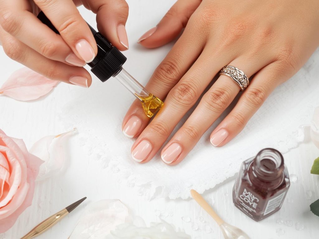 Applying cuticle oil for glossy natural nail care routine.