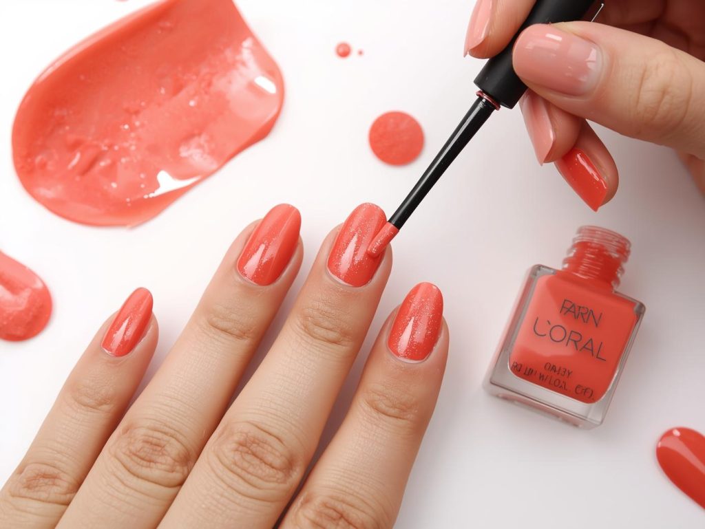 Applying glossy coral nail polish swatch with shimmering finish.