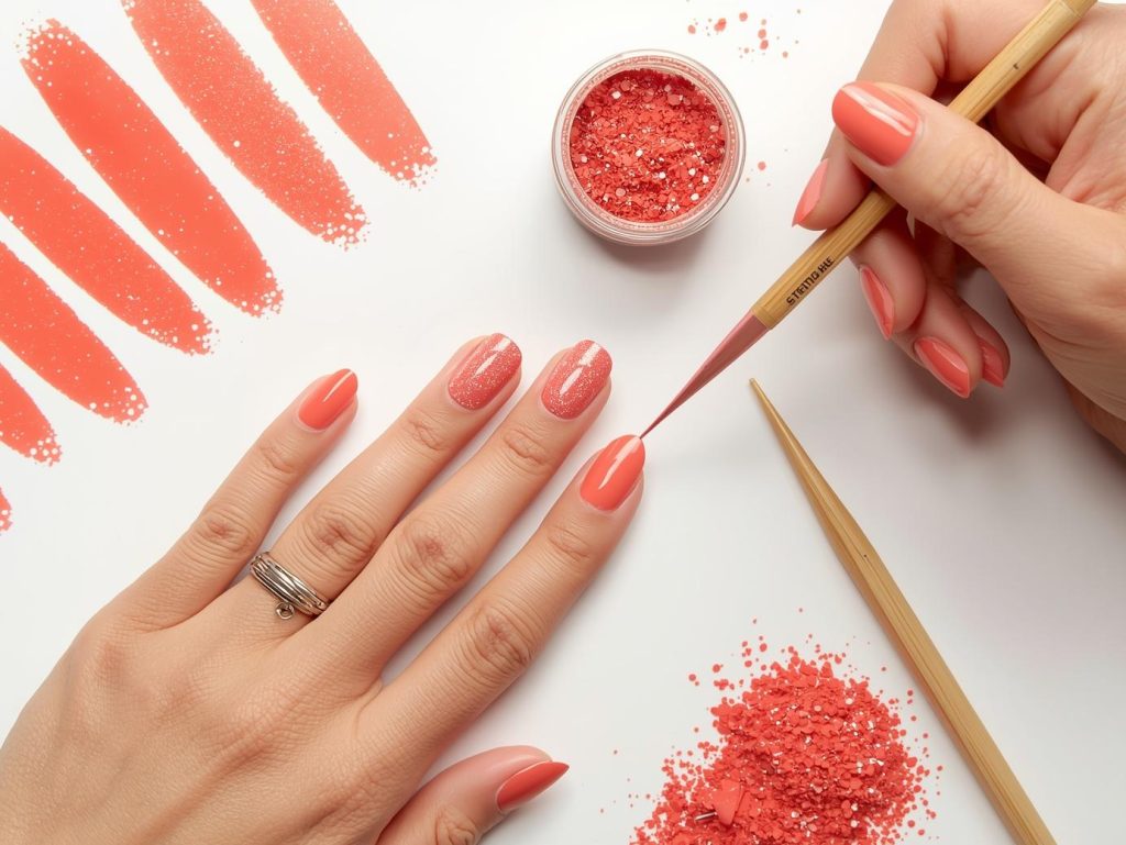 Applying glossy coral biodegradable glitter vegan nail polish design with glitter accents.