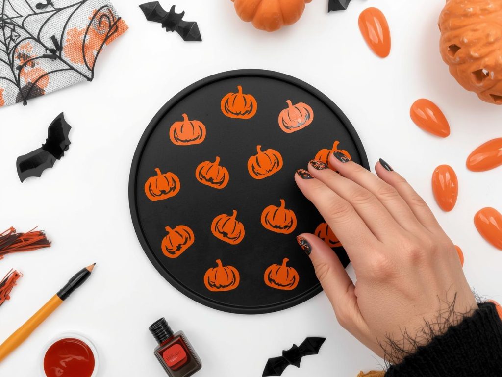 Applying glossy black pumpkin decal Halloween nail design with orange pumpkin decals.