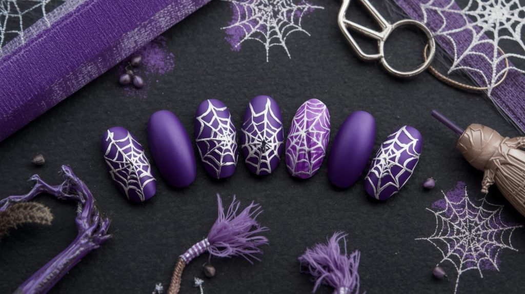 Applying glossy black jack-o’-lantern Halloween nail art with neon orange decals.