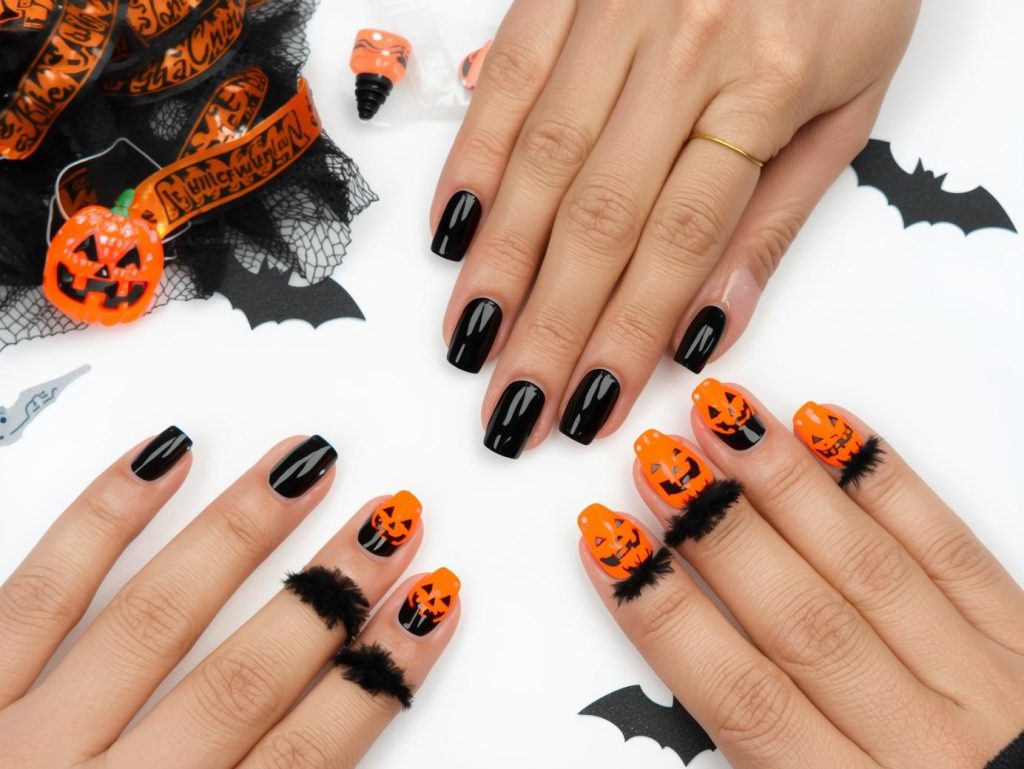 Applying glossy black jack-o’-lantern Halloween press-on nails with neon orange patterns.