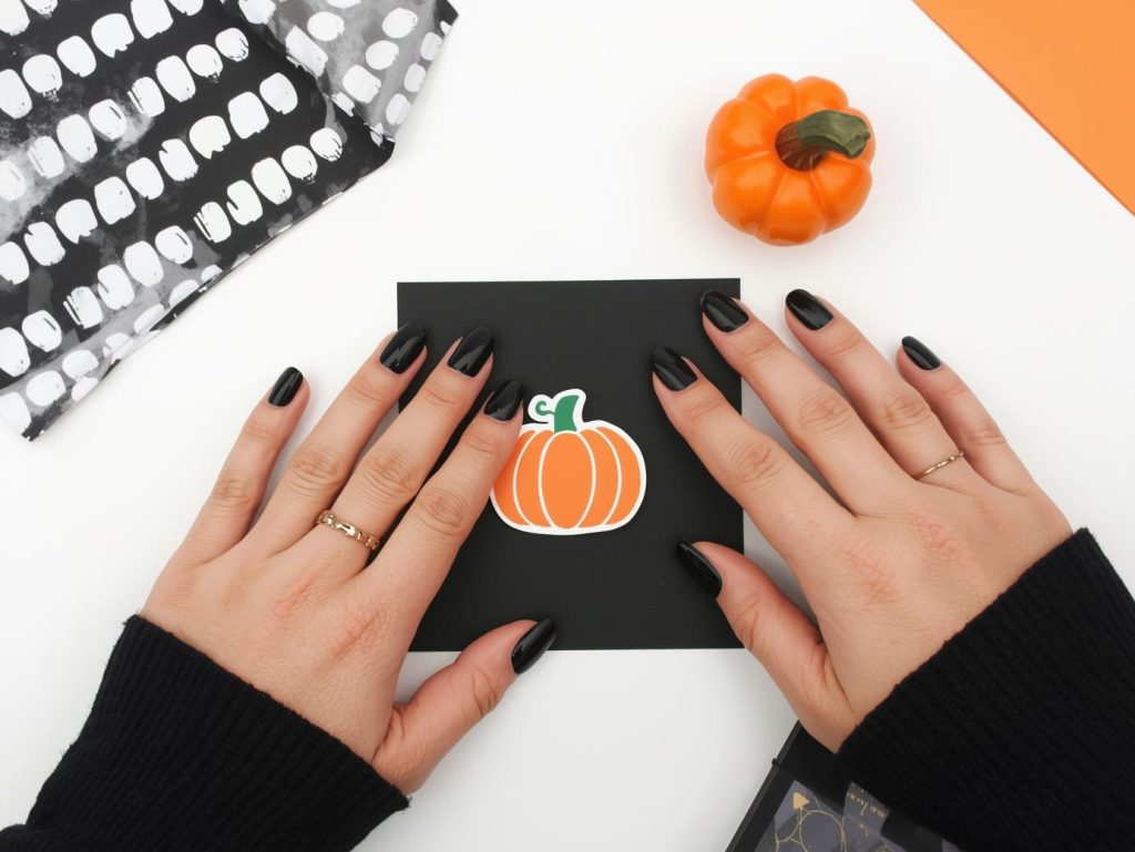  Applying glossy black pumpkin sticker simple Halloween nail design with orange sticker.