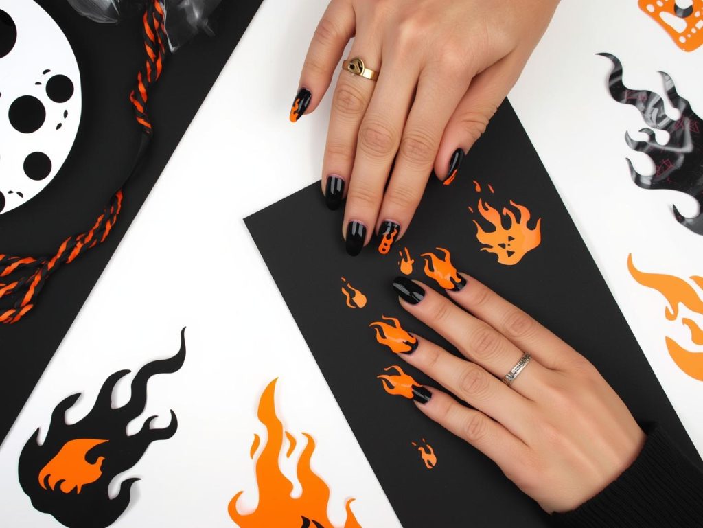 Applying glossy black flame decal black Halloween nail design with fiery orange decals.
