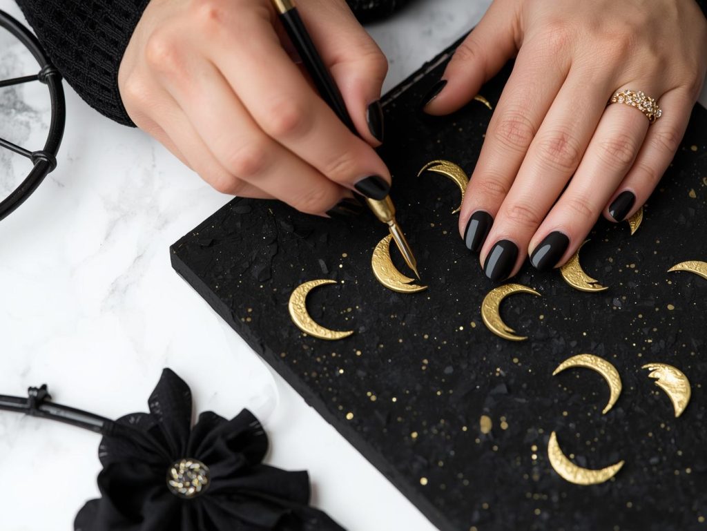 Applying glossy jet black crescent moon classy Halloween nail design with gold foil accents.
