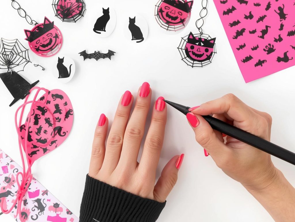 Applying glossy hot pink cat silhouette pink Halloween nail design with black stickers.