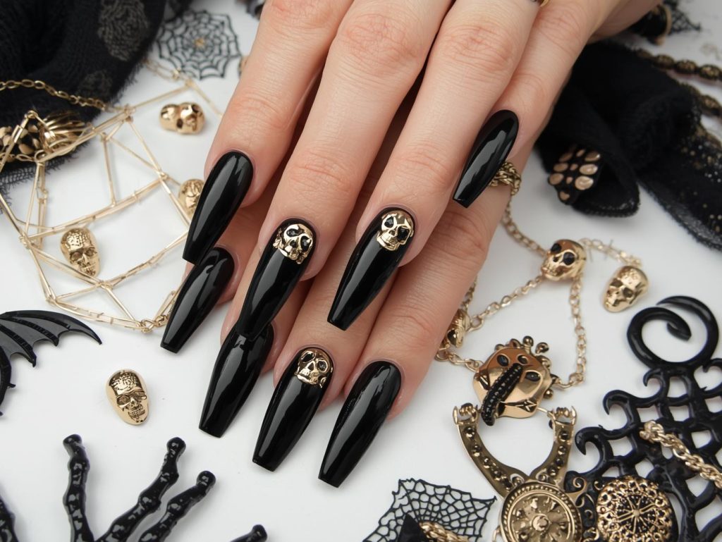 Halloween Acrylic Nails: Bold, Spooky, and Pinterest-Worthy Designs to Adore 6 Applying glossy obsidian black skull Halloween acrylic nail design with gold embellishments.