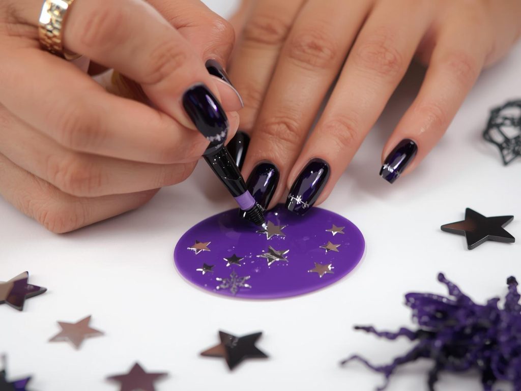 Applying glossy midnight purple Halloween nail color with silver star decals.