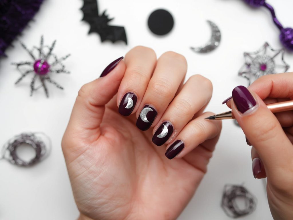 Purple Halloween Nails: Mystical, Spooky, and Pinterest-Worthy Designs to Adore 6 Applying glossy eggplant moon phase purple Halloween nail design with silver decals