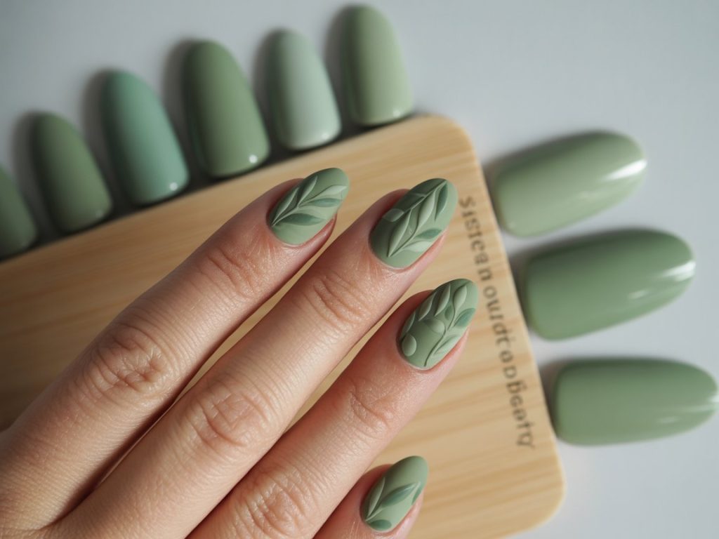 Eco-Friendly Nails: Sustainable and Pinterest-Worthy Manicures to Adore 7 Matte sage green plant-based geometric eco-friendly nails with geometric patterns.