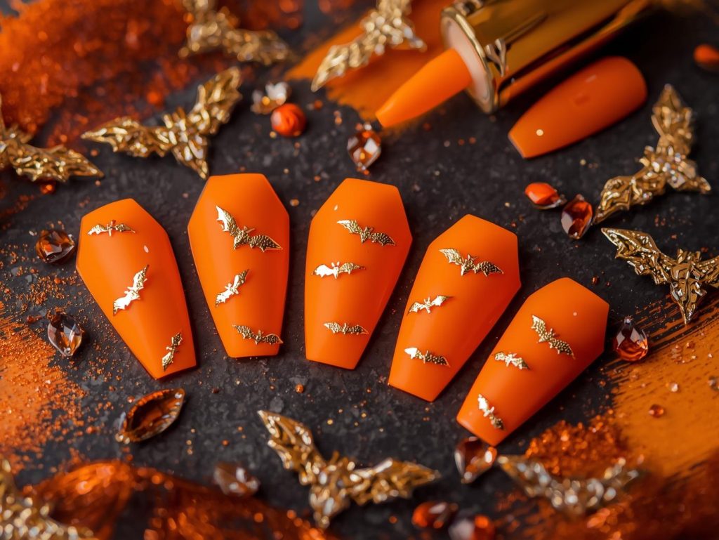 Matte pumpkin orange bat Halloween nail inspo with gold foil decals.
