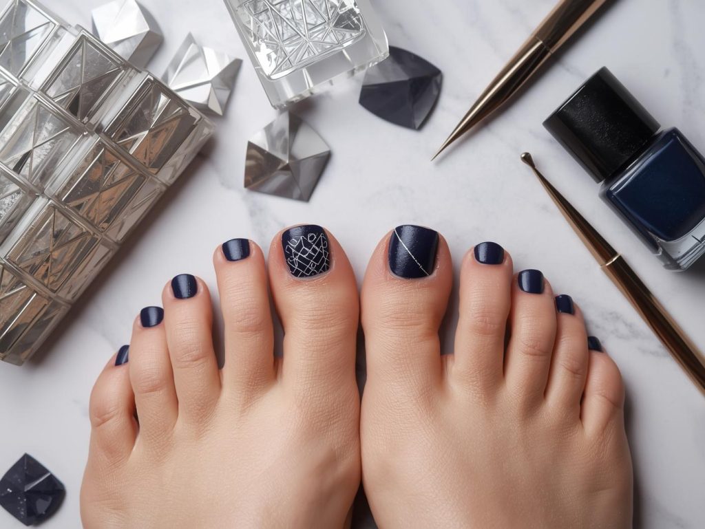 Matte navy silver geometric pedicure with silver patterns.