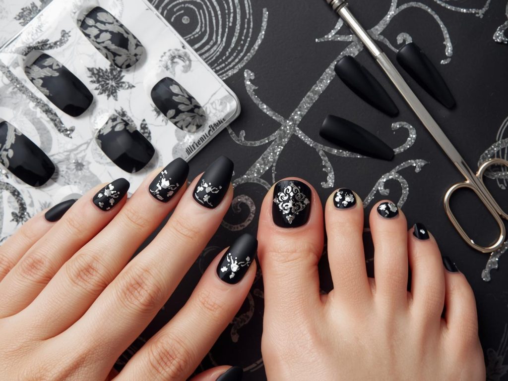Matching Nails and Toes: Coordinated and Pinterest-Worthy Looks to Adore 7 Matte black silver foil matching nails and toes with silver details.