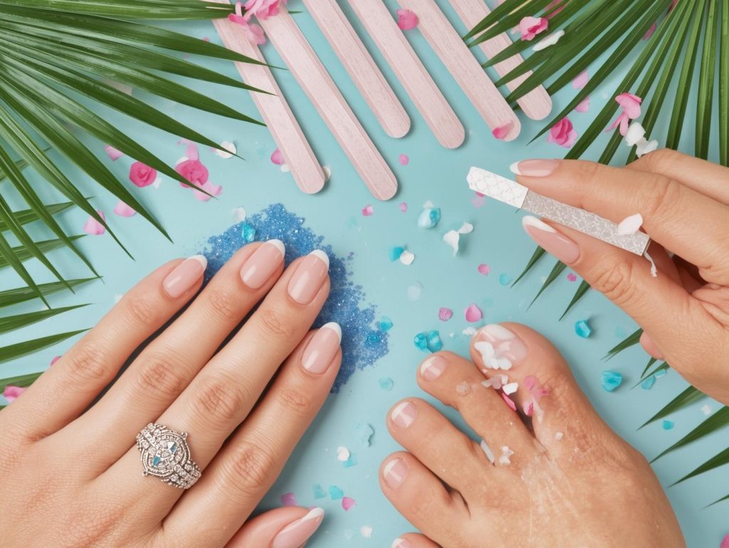  Neatly shaped nails and toenails with clear coat in a nail care routine.