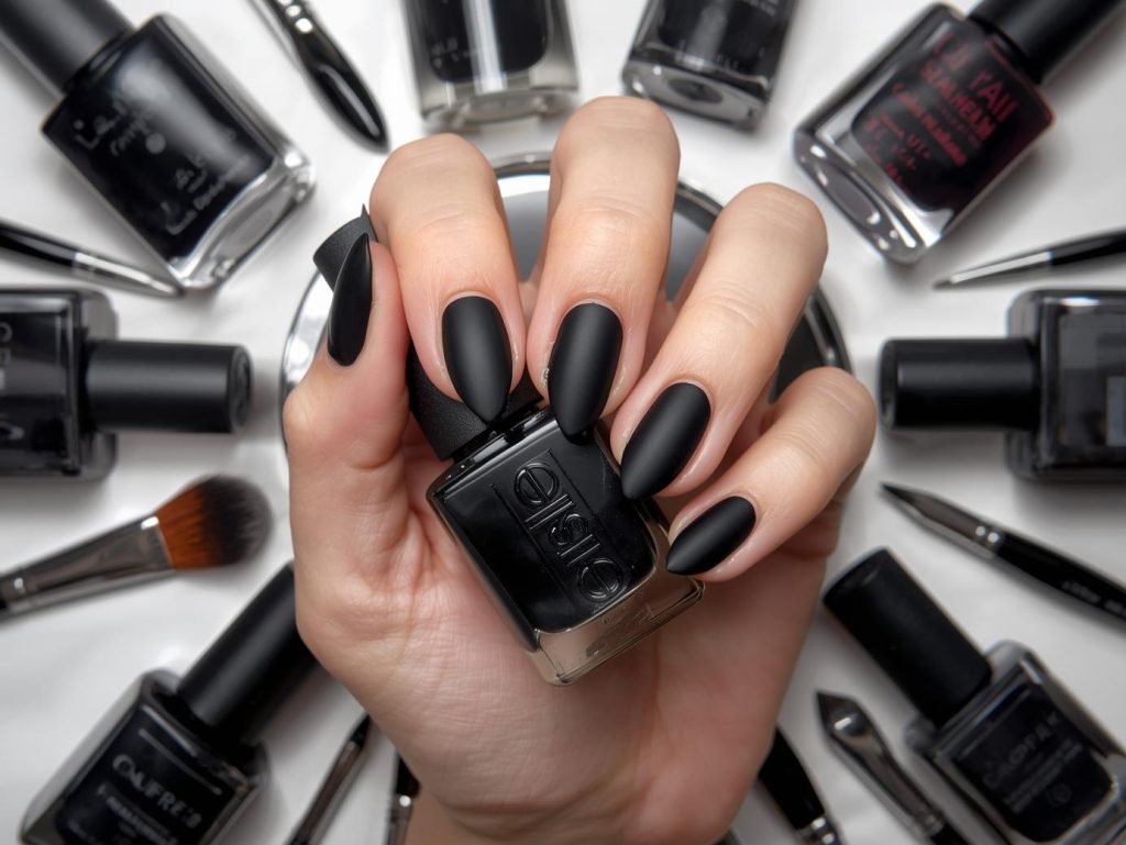 Matte black nail polish swatch with bold matte texture.
