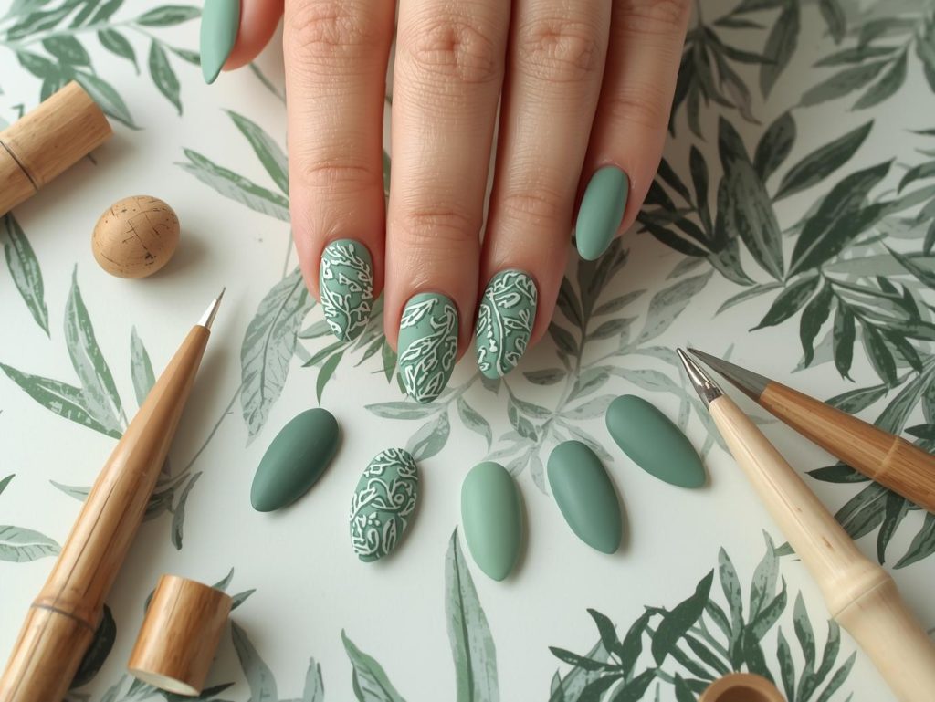  Matte sage green leaf-inspired stamped vegan nail polish design with leaf patterns.