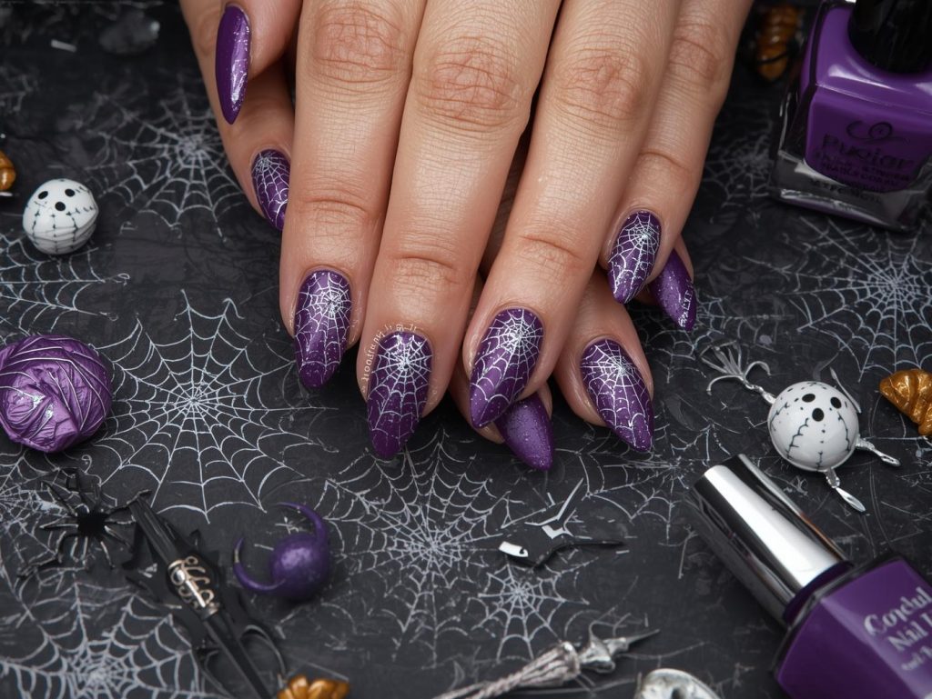  Matte purple silver spider web Halloween nail design with silver stamping.